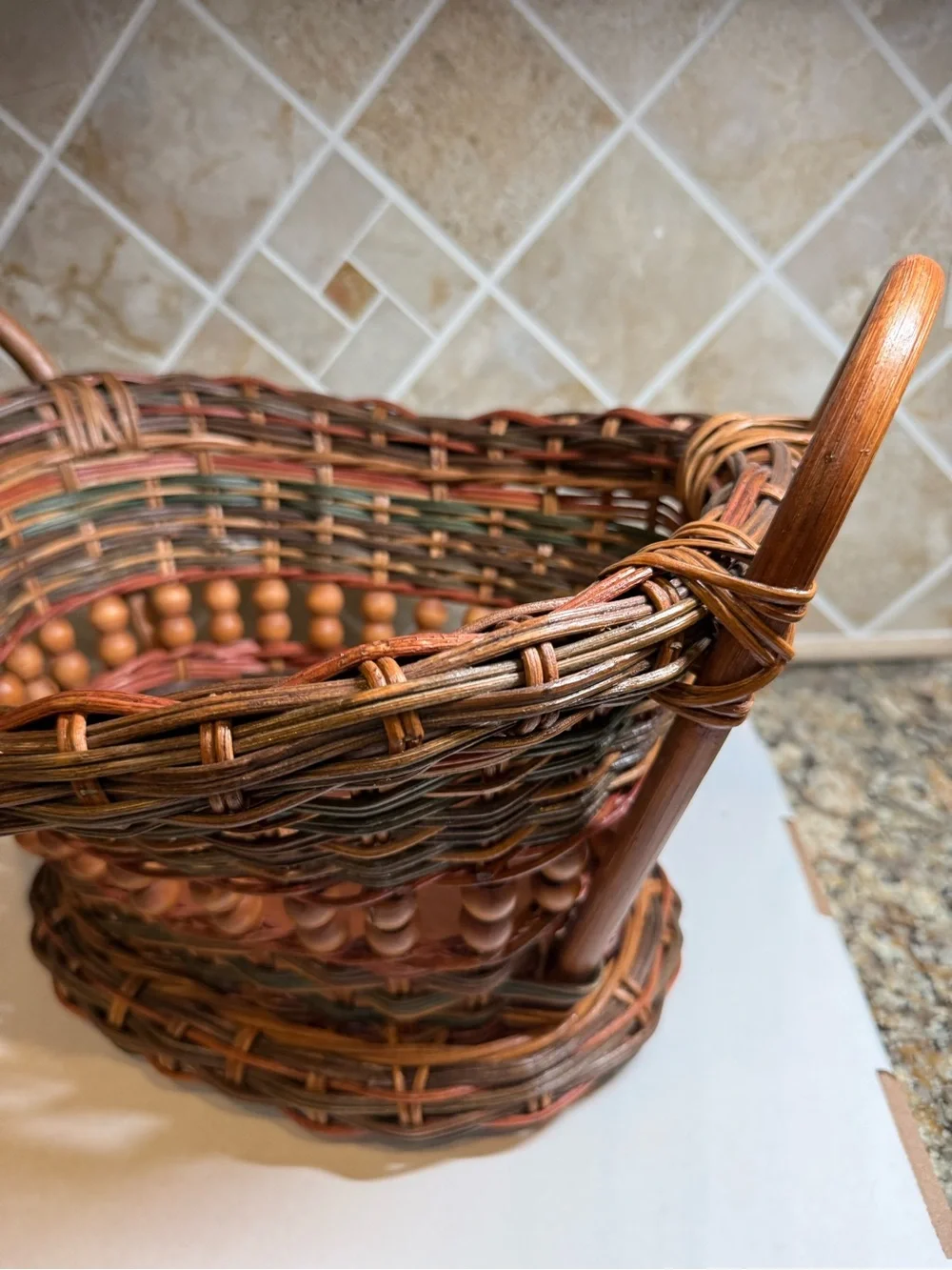 Vintage Woven Wicker Rattan Basket Wood Bead Double Handles Farmhouse Decor